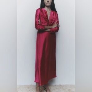 ZARA WOMAN KNOTTED SATIN
EFFECT MIDI DRESS FUCHSIA| Size Small